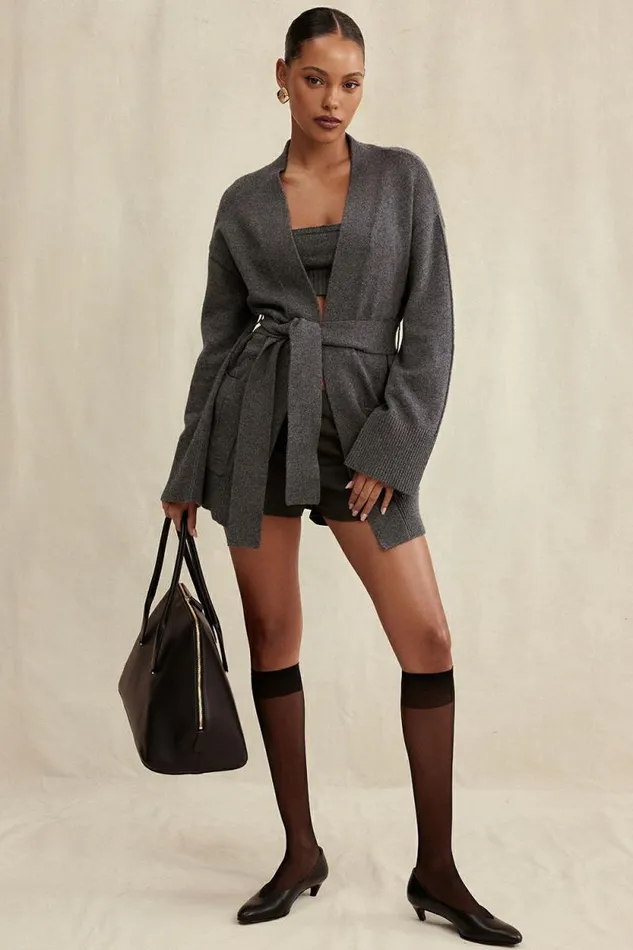 House Of CB Alaia Charcoal Cashmere Blend Belted Cardigan Women Tops