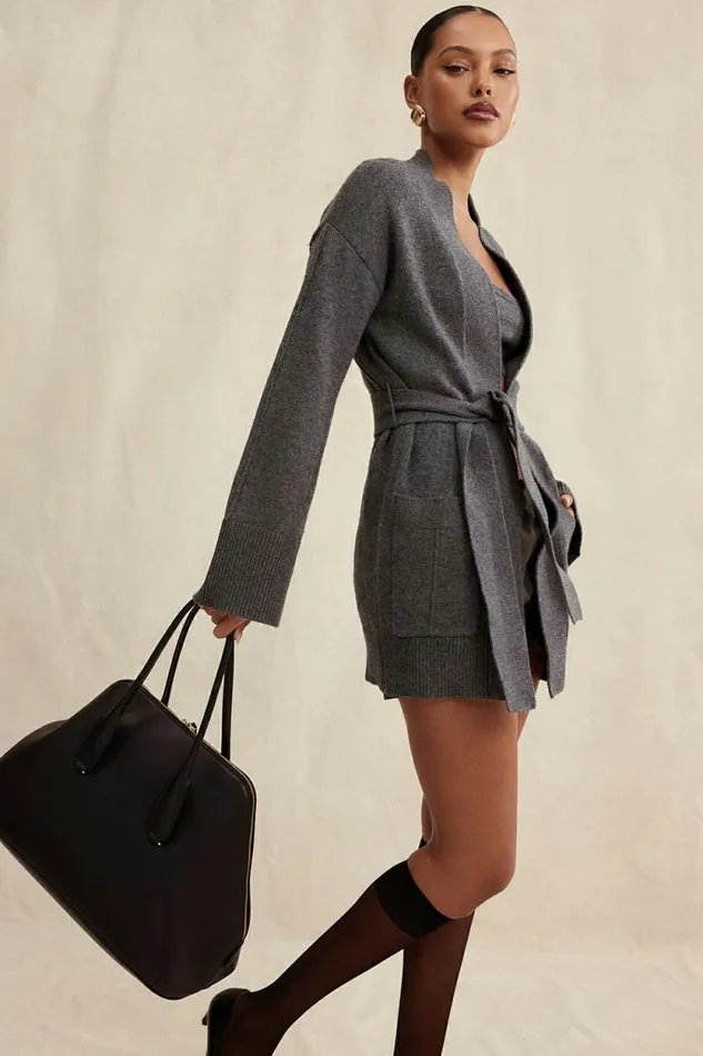 House Of CB Alaia Charcoal Cashmere Blend Belted Cardigan Women Tops House Of CB Alaia Charcoal Cashmere Blend Belted Cardigan Women Tops