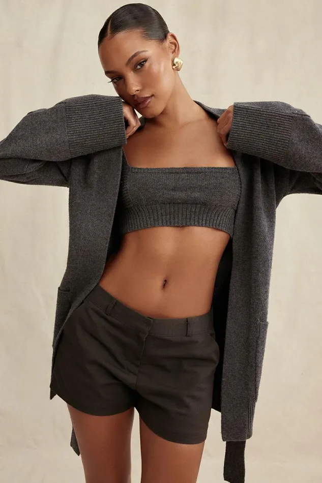 House Of CB Alaia Charcoal Cashmere Blend Belted Cardigan Women Tops House Of CB Alaia Charcoal Cashmere Blend Belted Cardigan Women Tops
