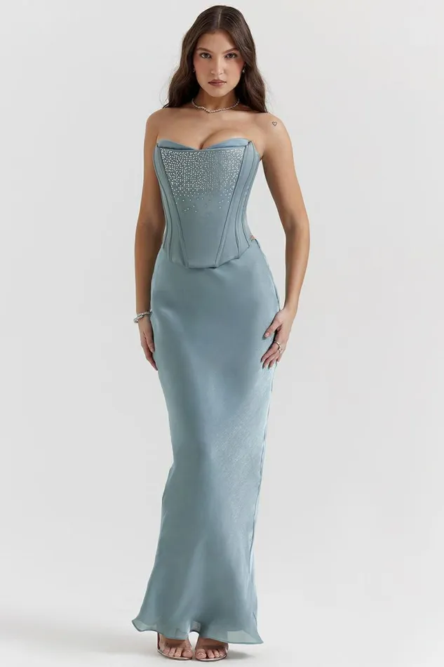 House Of CB Amadi Cool Blue Floor Length Maxi Skirt Women Bottoms
