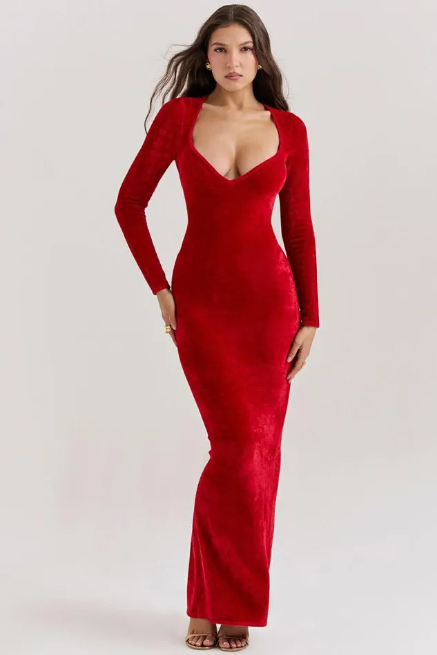 House Of CB Aria Scarlet Chenille Sweetheart Dress Women Dresses