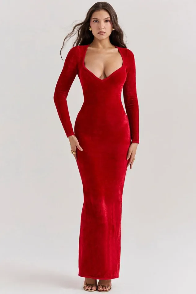 House Of CB Aria Scarlet Chenille Sweetheart Dress Women Dresses House Of CB Aria Scarlet Chenille Sweetheart Dress Women Dresses