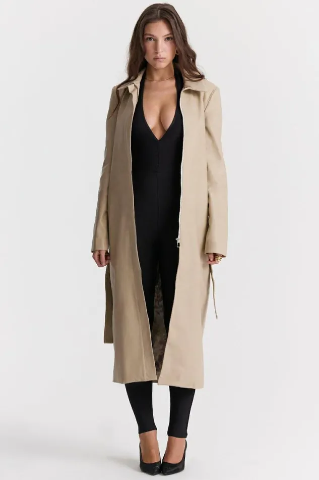 House Of CB Ariel Beige Vegan Leather Trench Coat Women Outerwear