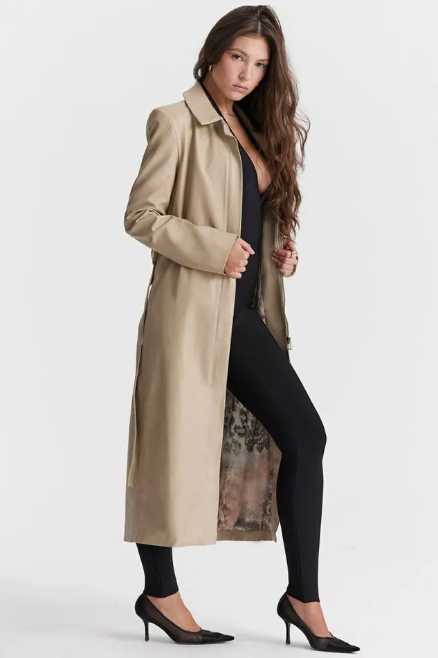 House Of CB Ariel Beige Vegan Leather Trench Coat Women Outerwear House Of CB Ariel Beige Vegan Leather Trench Coat Women Outerwear