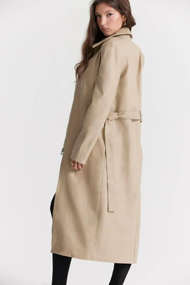House Of CB Ariel Beige Vegan Leather Trench Coat Women Outerwear House Of CB Ariel Beige Vegan Leather Trench Coat Women Outerwear