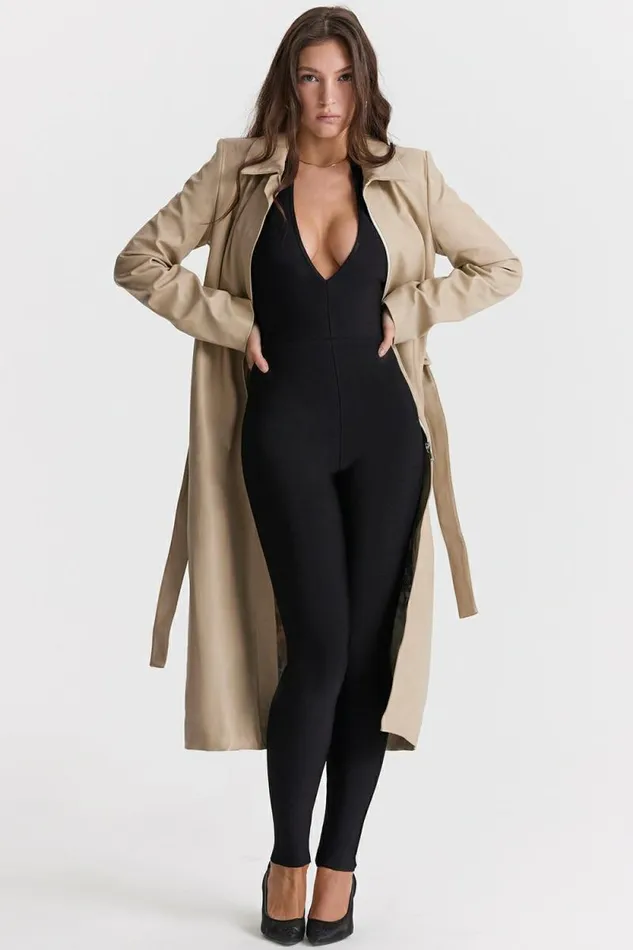 House Of CB Ariel Beige Vegan Leather Trench Coat Women Outerwear House Of CB Ariel Beige Vegan Leather Trench Coat Women Outerwear