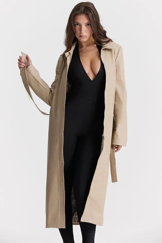 House Of CB Ariel Beige Vegan Leather Trench Coat Women Outerwear House Of CB Ariel Beige Vegan Leather Trench Coat Women Outerwear