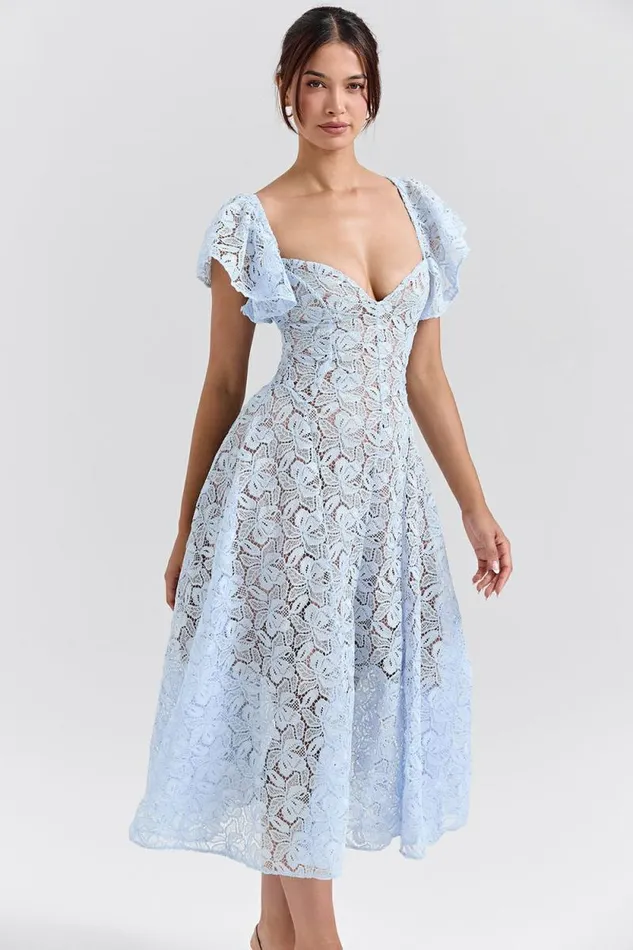 House Of CB Austen Bluebell Floral Lace Midi Dress Women Dresses