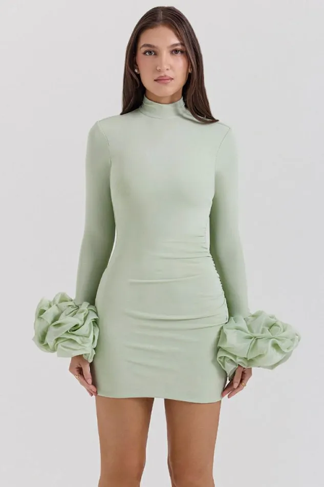 House Of CB Camilla Pistachio Ruffle Cuff Mini Dress Women Dresses
