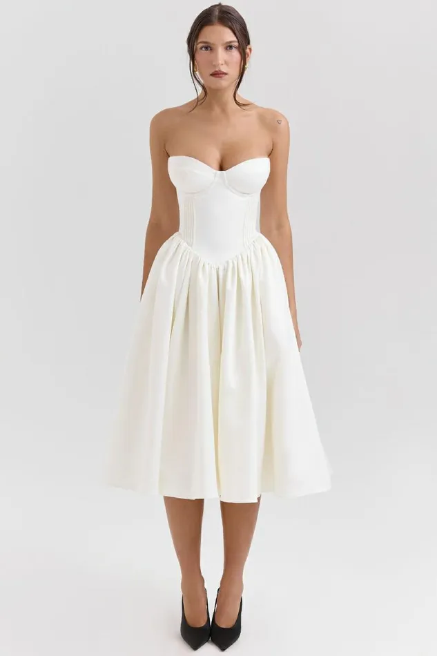 House Of CB Coco Vintage Ivory Satin Midi Dress Women Dresses
