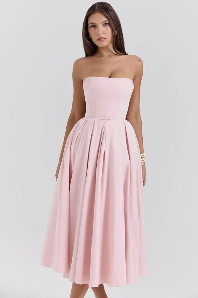 House Of CB Contessa Parisian Pink Strapless Corset Midi Dress Women Dresses