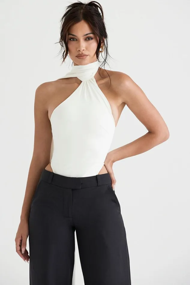 House Of CB Farrah Ivory Satin Wrap Neck Bodysuit Women Tops House Of CB Farrah Ivory Satin Wrap Neck Bodysuit Women Tops