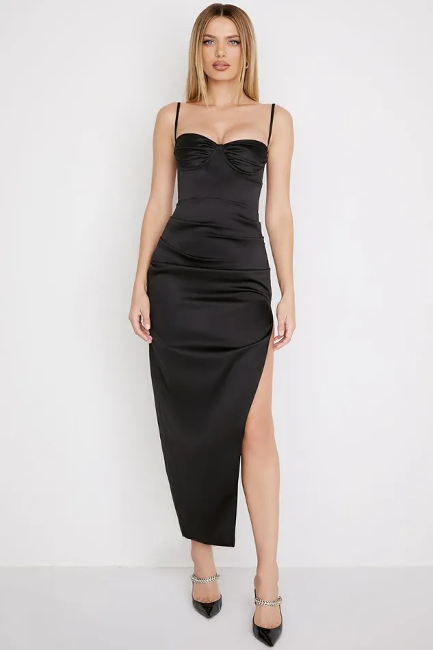 House Of CB Flora Black Satin Pleated Corset Midi Dress Women Dresses House Of CB Flora Black Satin Pleated Corset Midi Dress Women Dresses