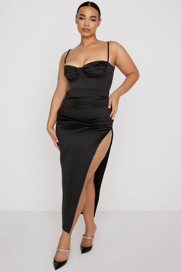 House Of CB Flora Black Satin Pleated Corset Midi Dress Women Dresses House Of CB Flora Black Satin Pleated Corset Midi Dress Women Dresses