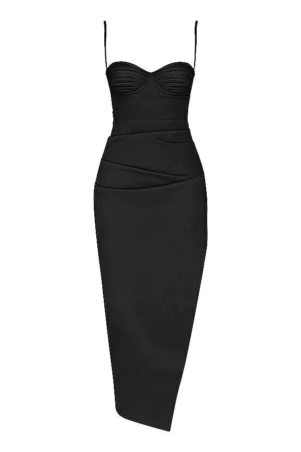 House Of CB Flora Black Satin Pleated Corset Midi Dress Women Dresses House Of CB Flora Black Satin Pleated Corset Midi Dress Women Dresses