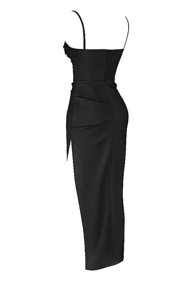 House Of CB Flora Black Satin Pleated Corset Midi Dress Women Dresses House Of CB Flora Black Satin Pleated Corset Midi Dress Women Dresses