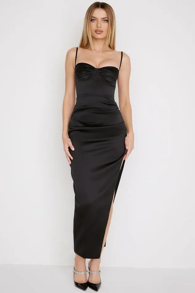 House Of CB Flora Black Satin Pleated Corset Midi Dress Women Dresses House Of CB Flora Black Satin Pleated Corset Midi Dress Women Dresses