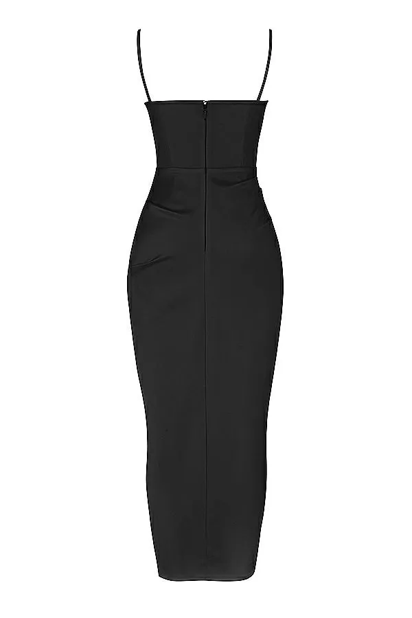 House Of CB Flora Black Satin Pleated Corset Midi Dress Women Dresses House Of CB Flora Black Satin Pleated Corset Midi Dress Women Dresses