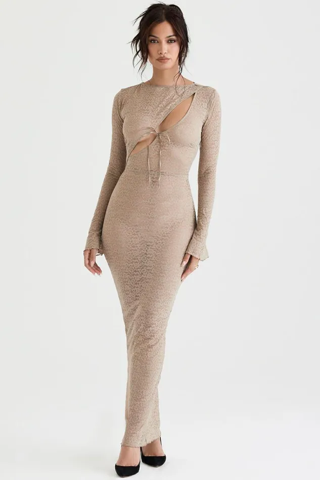 House Of CB Giovanna Stone Floral Lace Maxi Dress Women Dresses