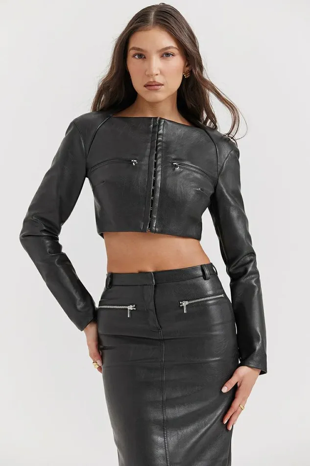 House Of CB Ione Black Vegan Leather Cropped Top Women Tops
