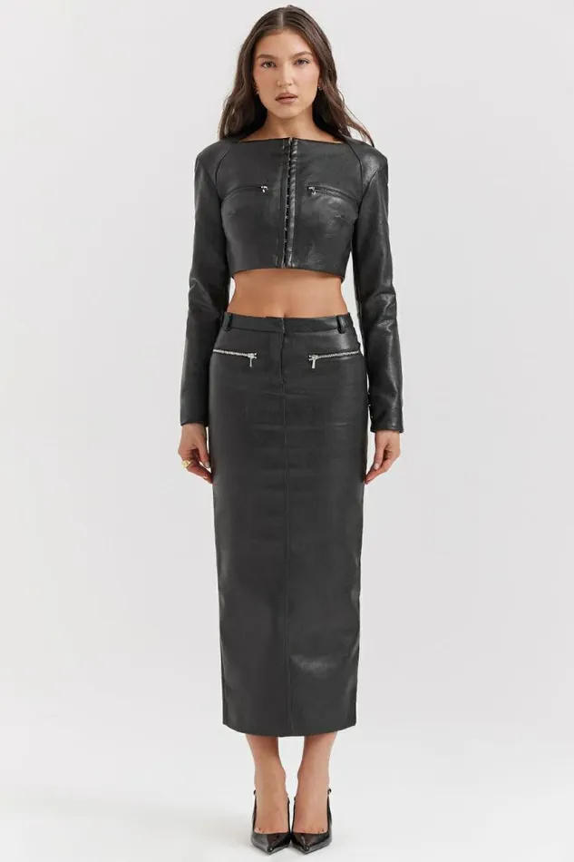 House Of CB Ione Black Vegan Leather Cropped Top Women Tops House Of CB Ione Black Vegan Leather Cropped Top Women Tops