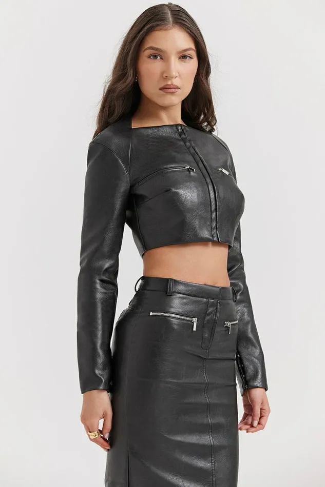 House Of CB Ione Black Vegan Leather Cropped Top Women Tops House Of CB Ione Black Vegan Leather Cropped Top Women Tops