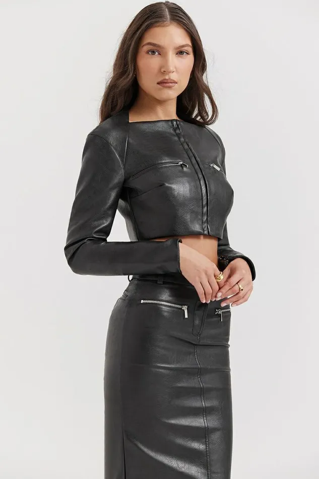 House Of CB Ione Black Vegan Leather Cropped Top Women Tops House Of CB Ione Black Vegan Leather Cropped Top Women Tops