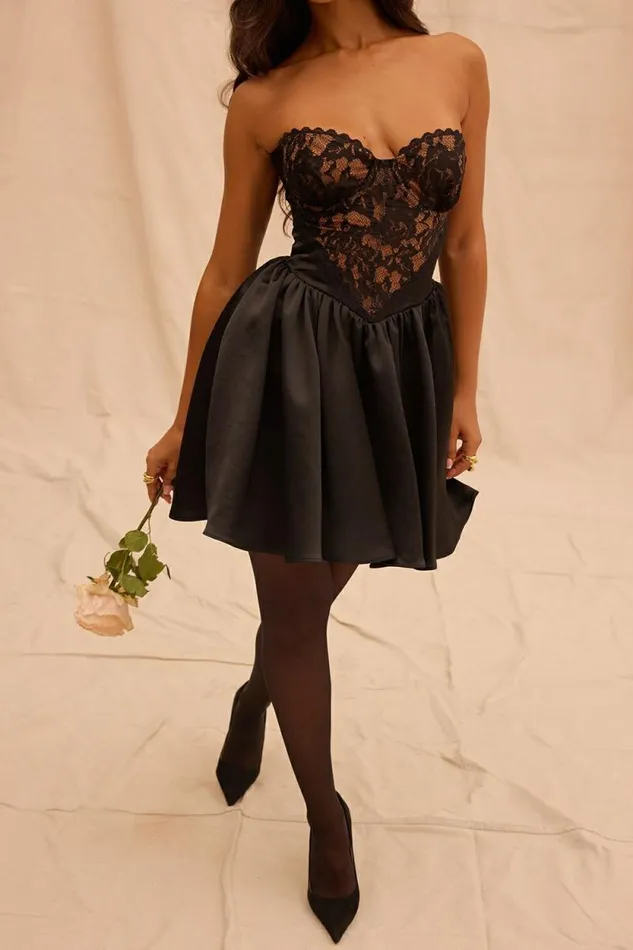 House Of CB Jadore Black Lace And Satin Strapless Mini Dress Women Dresses House Of CB Jadore Black Lace And Satin Strapless Mini Dress Women Dresses