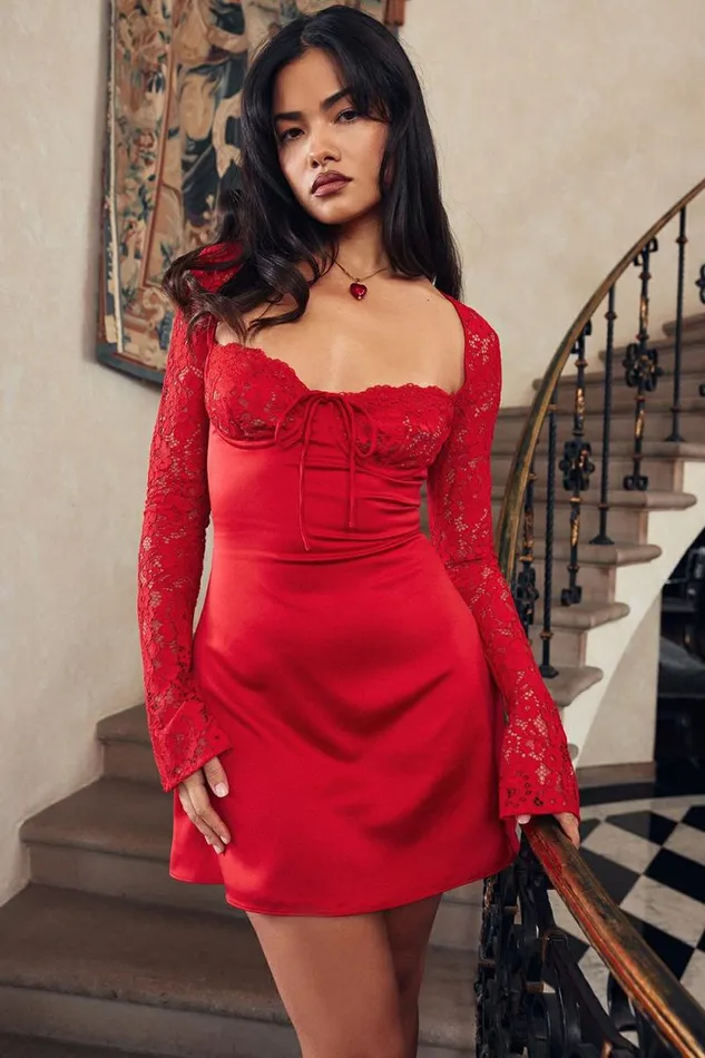 House Of CB Jennica Red Rose Satin And Lace Mini Dress Women Dresses