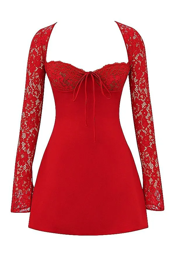 House Of CB Jennica Red Rose Satin And Lace Mini Dress Women Dresses