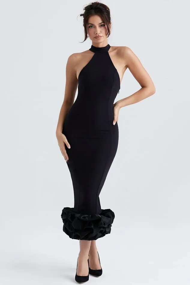 House Of CB Juniper Black Peplum Midi Dress Women Dresses