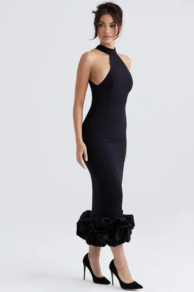 House Of CB Juniper Black Peplum Midi Dress Women Dresses House Of CB Juniper Black Peplum Midi Dress Women Dresses