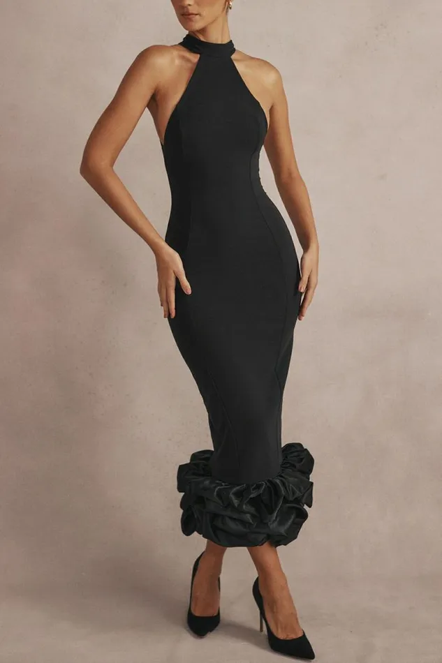 House Of CB Juniper Black Peplum Midi Dress Women Dresses House Of CB Juniper Black Peplum Midi Dress Women Dresses