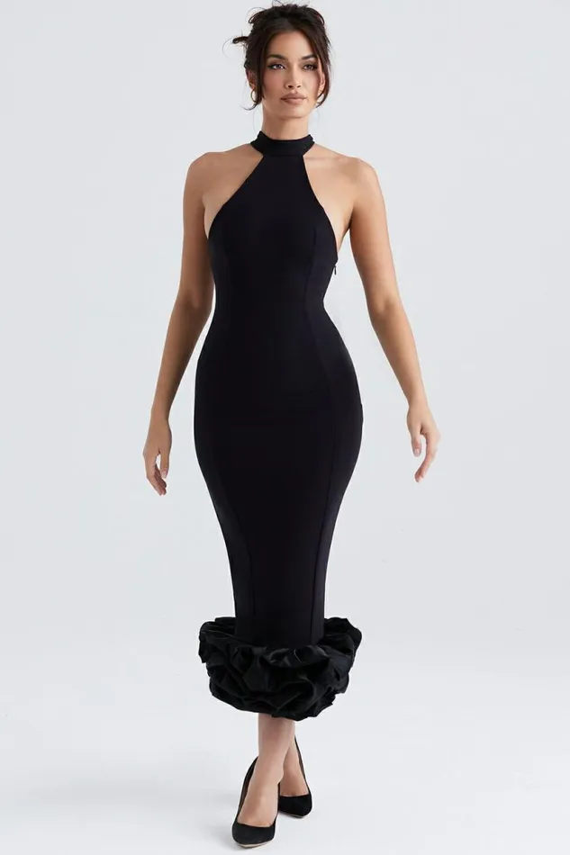 House Of CB Juniper Black Peplum Midi Dress Women Dresses House Of CB Juniper Black Peplum Midi Dress Women Dresses