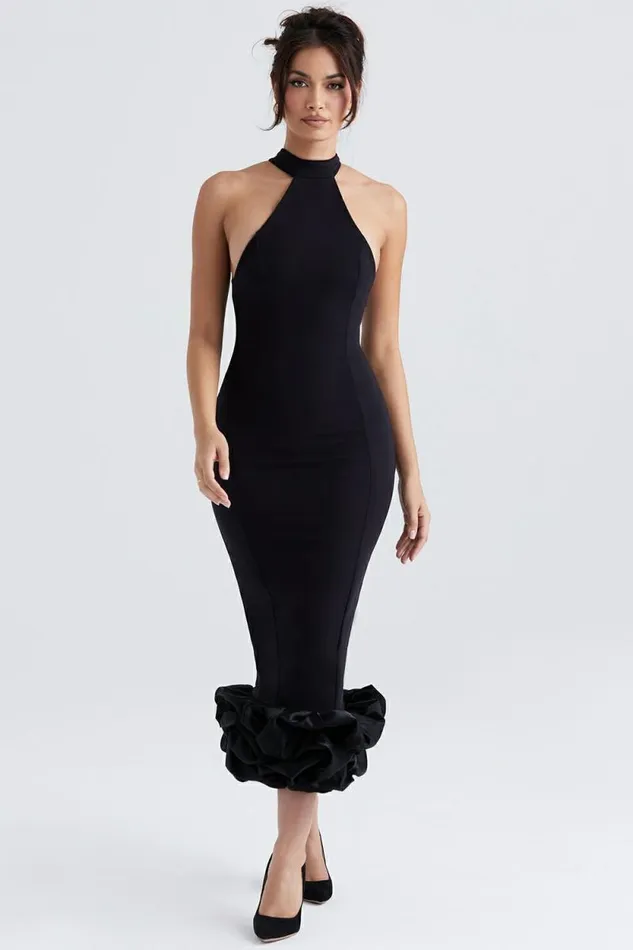House Of CB Juniper Black Peplum Midi Dress Women Dresses House Of CB Juniper Black Peplum Midi Dress Women Dresses