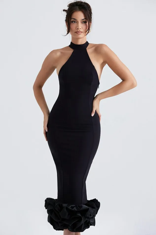 House Of CB Juniper Black Peplum Midi Dress Women Dresses House Of CB Juniper Black Peplum Midi Dress Women Dresses