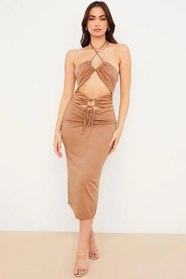 House Of CB Kasia Caramel Cutout Midi Dress Women Dresses