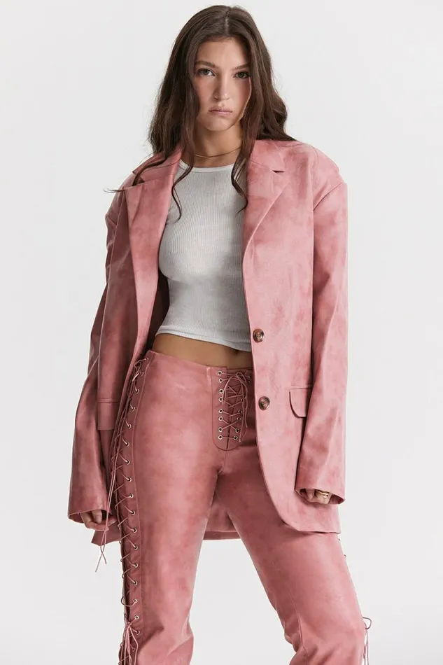 House Of CB Kiera Warm Pink Vegan Leather Oversized Blazer Women Outerwear
