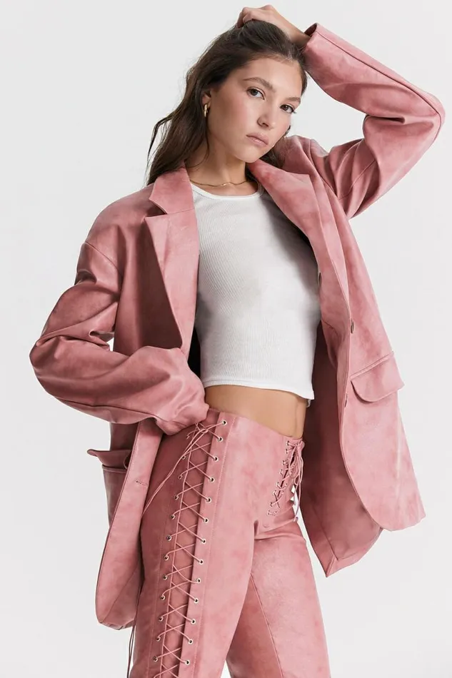 House Of CB Kiera Warm Pink Vegan Leather Oversized Blazer Women Outerwear House Of CB Kiera Warm Pink Vegan Leather Oversized Blazer Women Outerwear