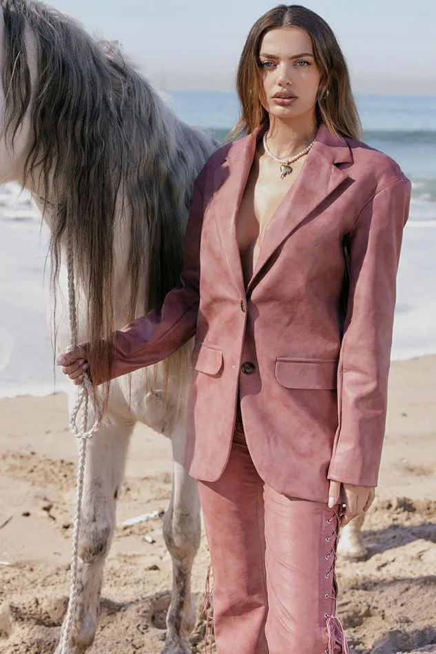 House Of CB Kiera Warm Pink Vegan Leather Oversized Blazer Women Outerwear House Of CB Kiera Warm Pink Vegan Leather Oversized Blazer Women Outerwear