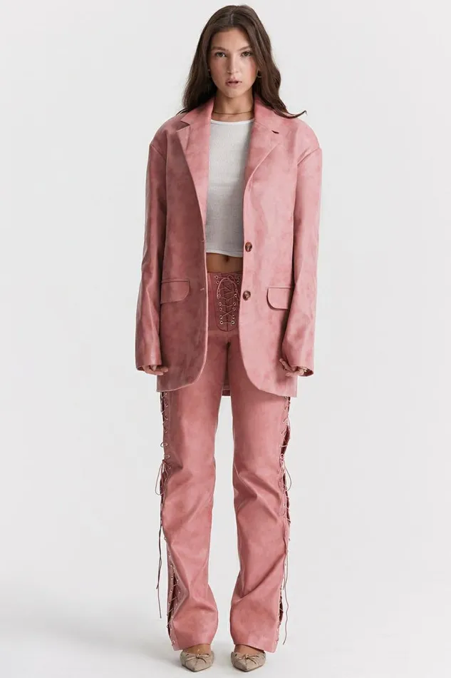 House Of CB Kiera Warm Pink Vegan Leather Oversized Blazer Women Outerwear House Of CB Kiera Warm Pink Vegan Leather Oversized Blazer Women Outerwear