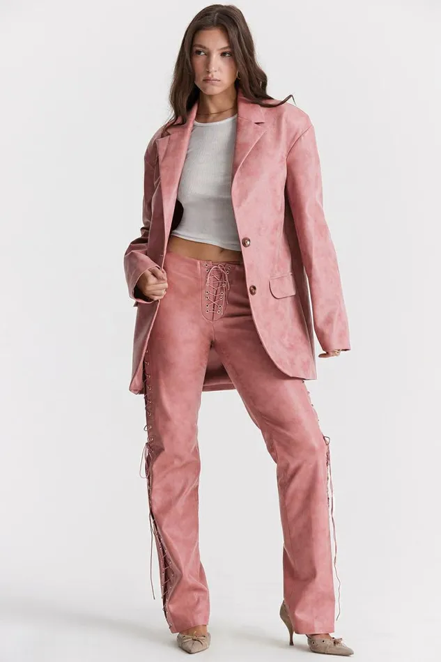 House Of CB Kiera Warm Pink Vegan Leather Oversized Blazer Women Outerwear House Of CB Kiera Warm Pink Vegan Leather Oversized Blazer Women Outerwear
