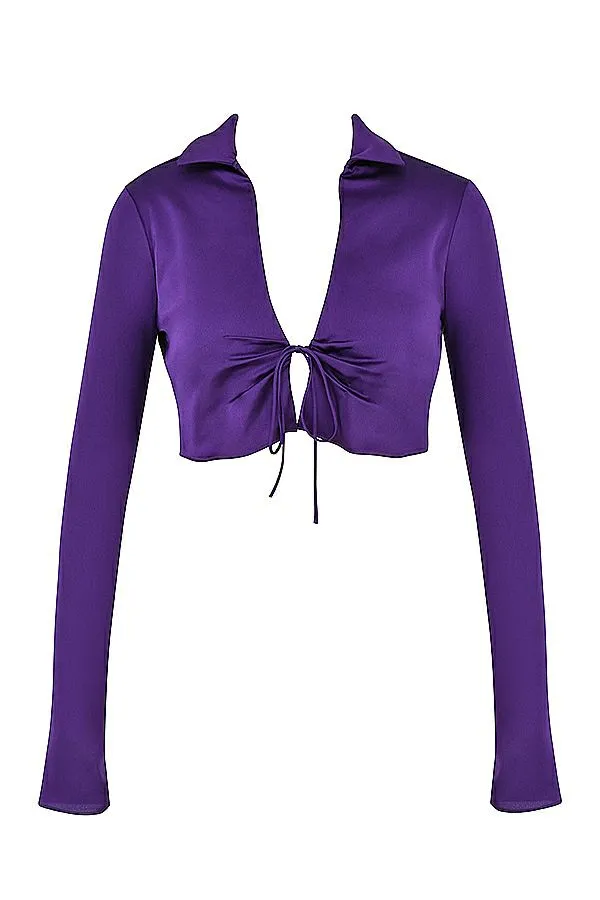 House Of CB Lavender Grape Satin Cropped Tie Front Top Women Tops House Of CB Lavender Grape Satin Cropped Tie Front Top Women Tops