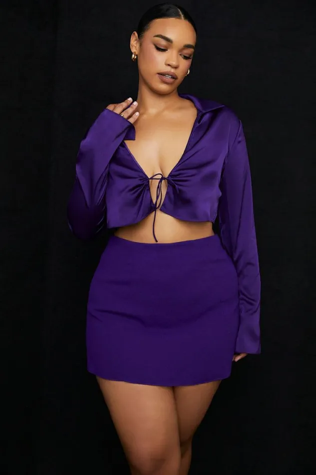 House Of CB Lavender Grape Satin Cropped Tie Front Top Women Tops House Of CB Lavender Grape Satin Cropped Tie Front Top Women Tops