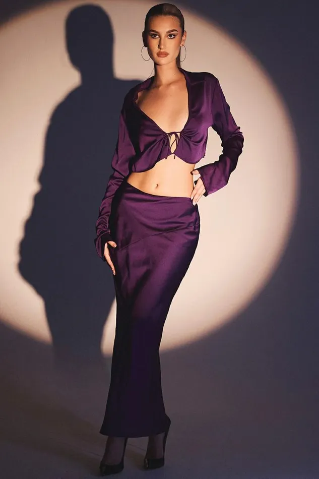 House Of CB Lavender Grape Satin Cropped Tie Front Top Women Tops House Of CB Lavender Grape Satin Cropped Tie Front Top Women Tops
