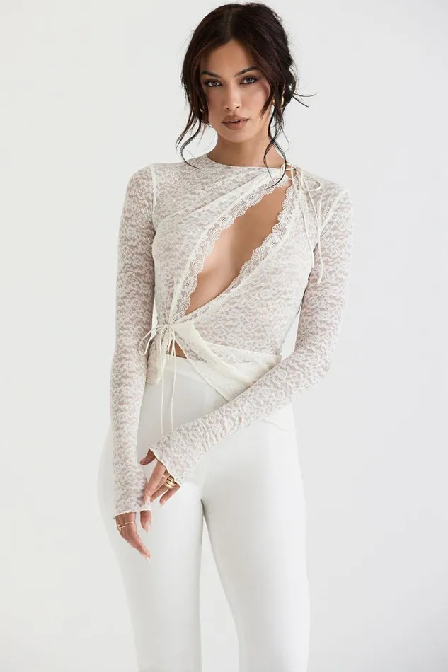 House Of CB Leala Ivory Floral Lace Trim Top Women Tops House Of CB Leala Ivory Floral Lace Trim Top Women Tops