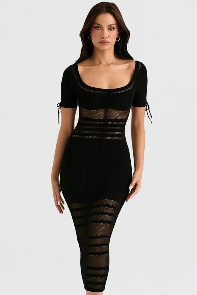 House Of CB Lilla Black Openwork Knit Midi Dress Women Dresses