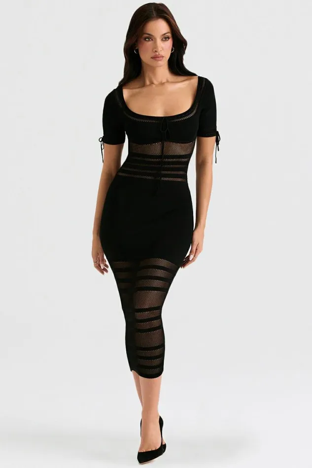 House Of CB Lilla Black Openwork Knit Midi Dress Women Dresses House Of CB Lilla Black Openwork Knit Midi Dress Women Dresses