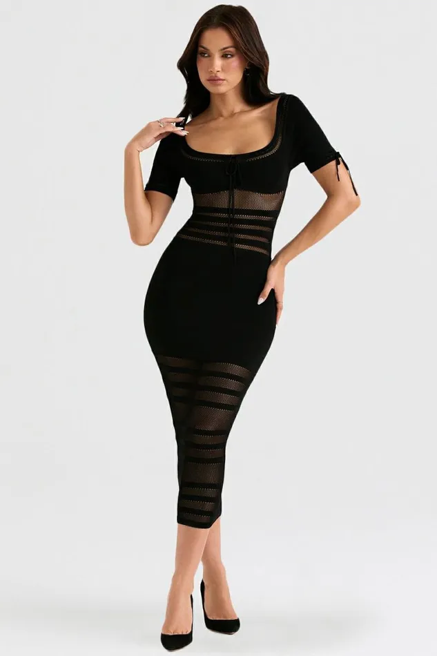 House Of CB Lilla Black Openwork Knit Midi Dress Women Dresses House Of CB Lilla Black Openwork Knit Midi Dress Women Dresses