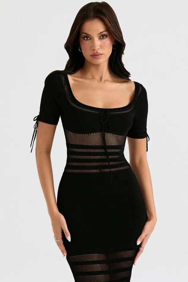 House Of CB Lilla Black Openwork Knit Midi Dress Women Dresses House Of CB Lilla Black Openwork Knit Midi Dress Women Dresses